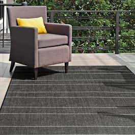 Outdoor Rug: Navy Linear Pattern, Flatweave Scandinavian Deck Styling
