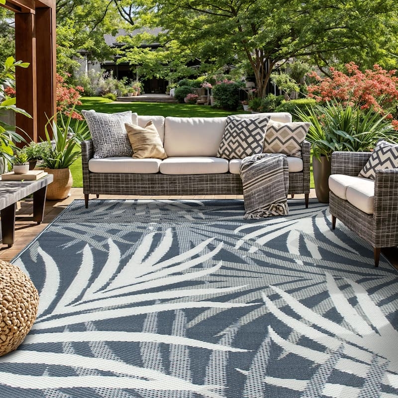 Outdoor Rug Navy Reversible Design Monstera Leaf Weather Resistant Mat