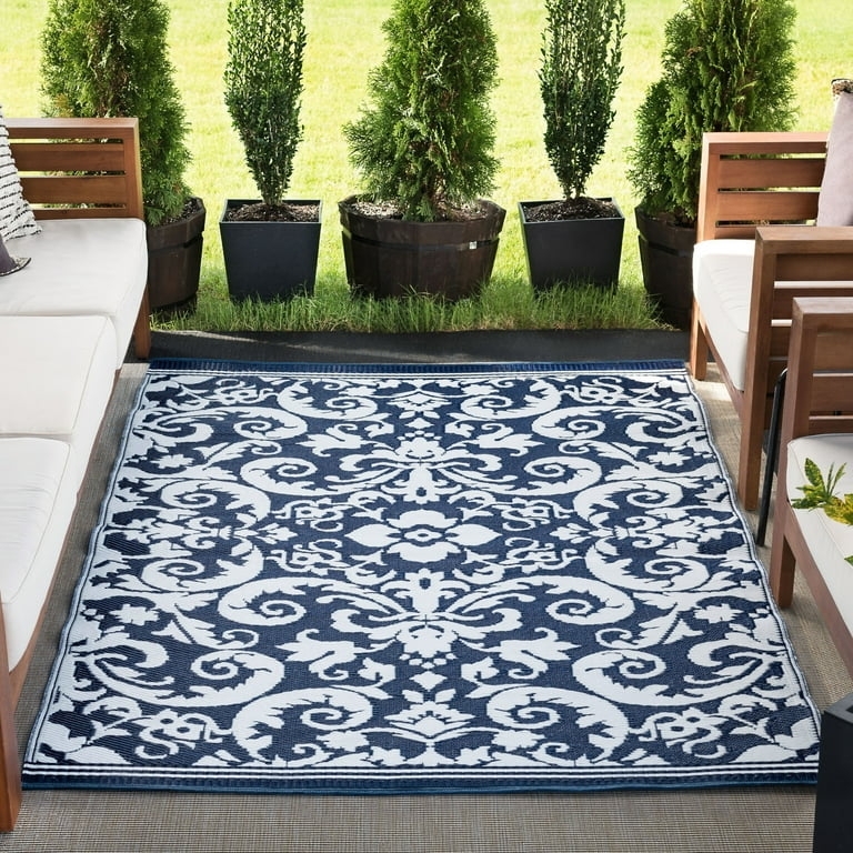 Outdoor Rug Navy White Scroll Pattern Traditional Waterproof Mat