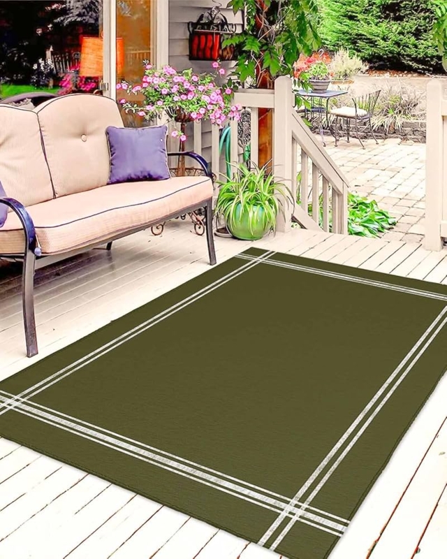 Outdoor Rug Non Slip Backing Olive Green Low Pile Patio Mat