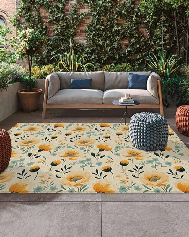Outdoor Rug Oversized Vintage Floral Flat Weave Patio Decor