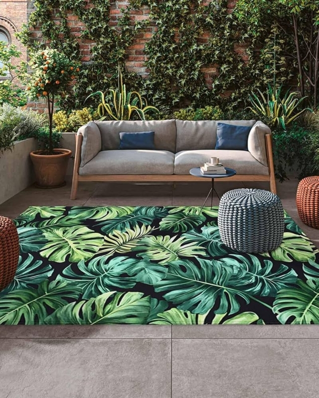 Outdoor Rug Palm Leaf Motif Woven Texture Tropical Patio Styling