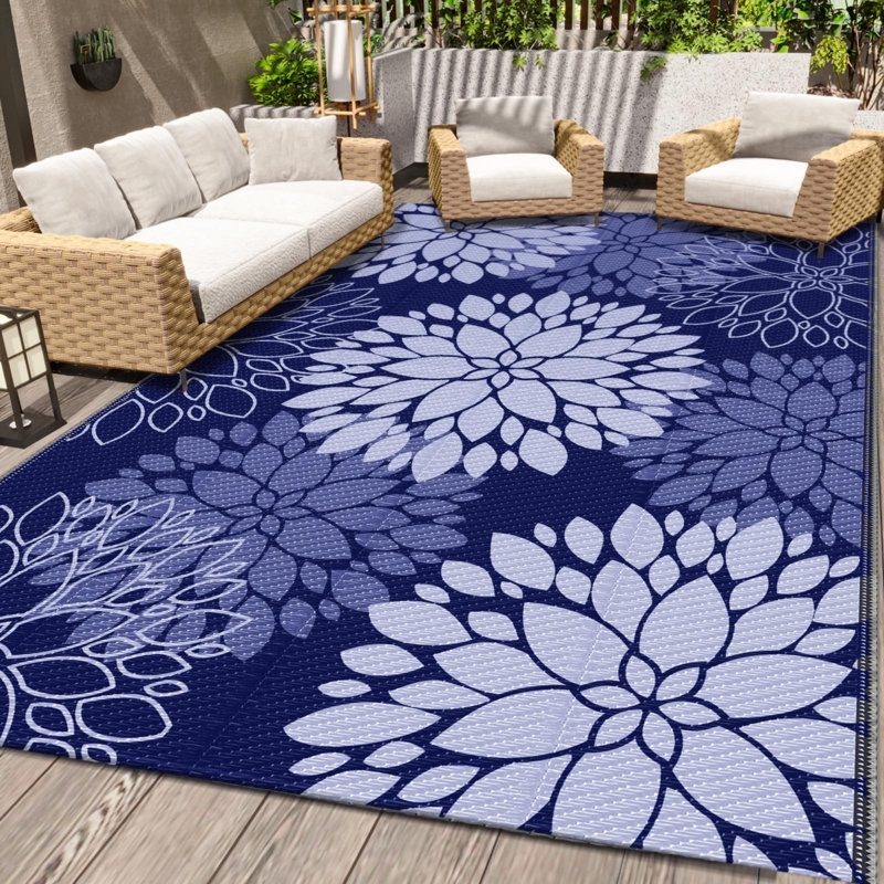 Outdoor Rug Plastic Straw Quatrefoil Pattern Reversible Patio Mat