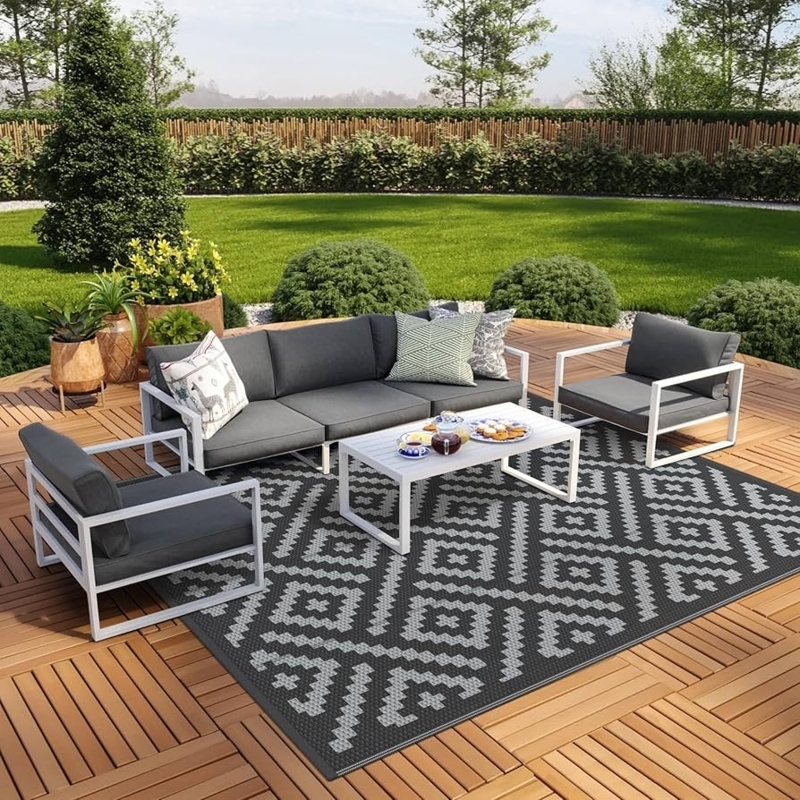 Outdoor Rug Plastic Straw Reversible Black Grey Mat