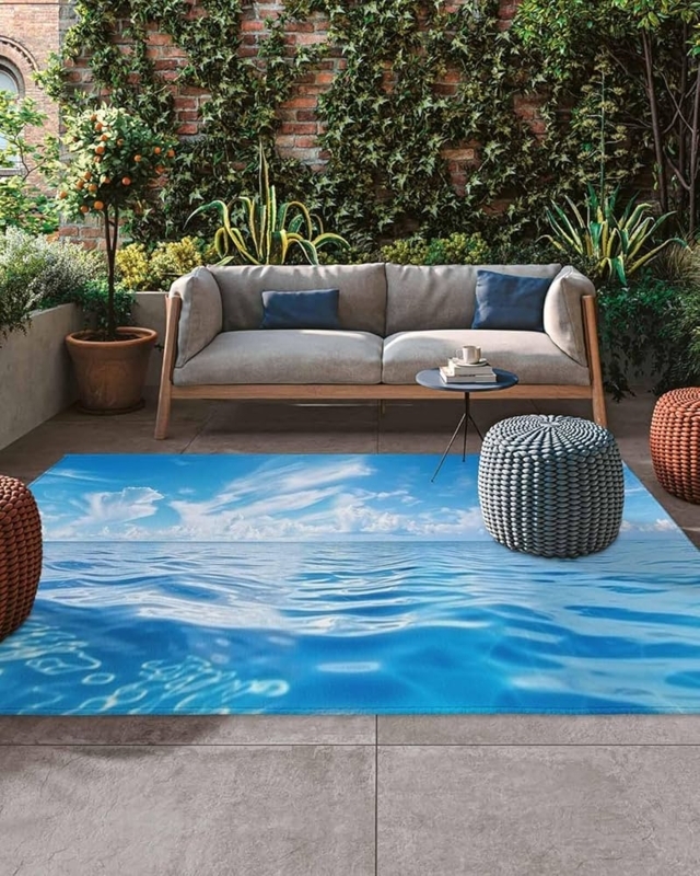 Outdoor Rug, Plastic Straw Weave, Scenic Tropical Sunset Print, Waterproof