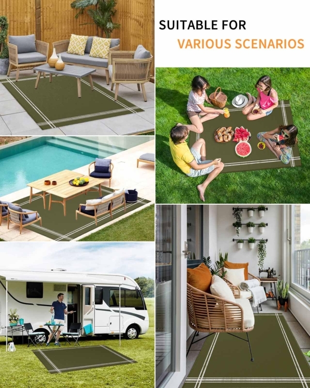 Outdoor Rug Rectangular Shape Low Pile Woven Texture Patio Mat