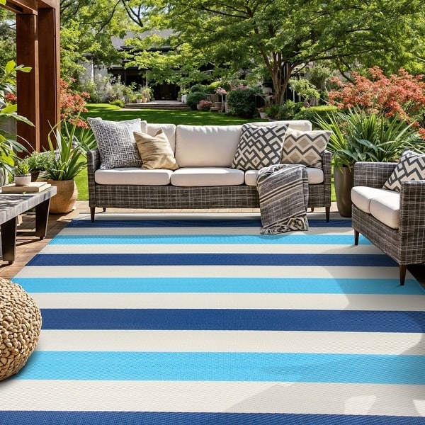 Outdoor Rug Recycled Plastic Coastal Blue Striped Fringe