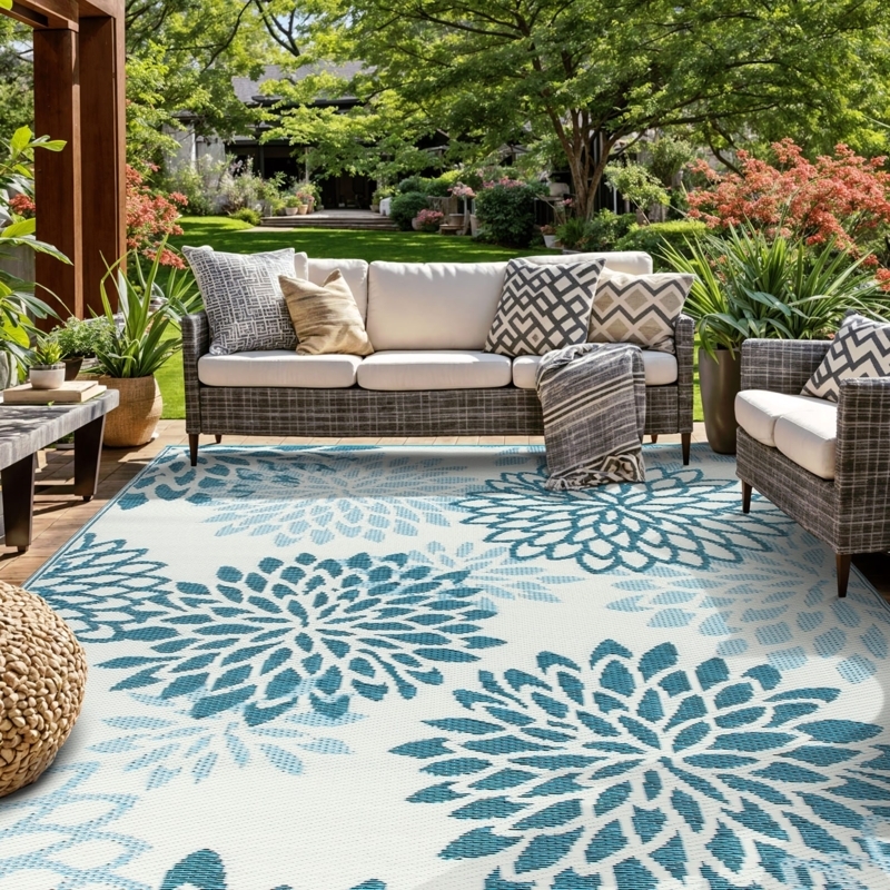 Outdoor Rug Recycled Plastic Reversible Hibiscus Tropical Patio Mat