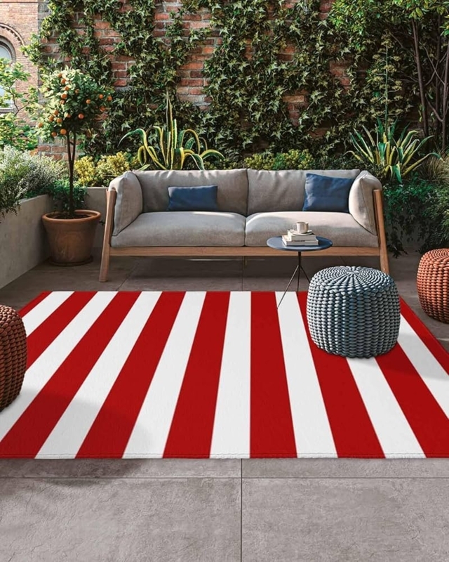 Outdoor Rug Red and White Stripes Waterproof Nautical Patio Decor Idea