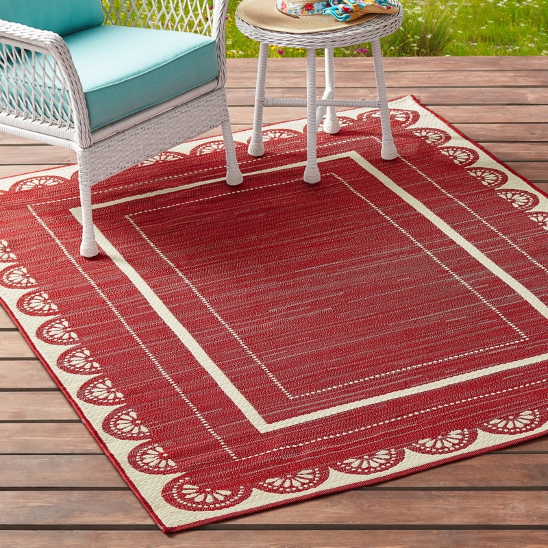 Outdoor Rug Red Scallop Design Cottagecore Vibrant Red Outdoor Patio Rug