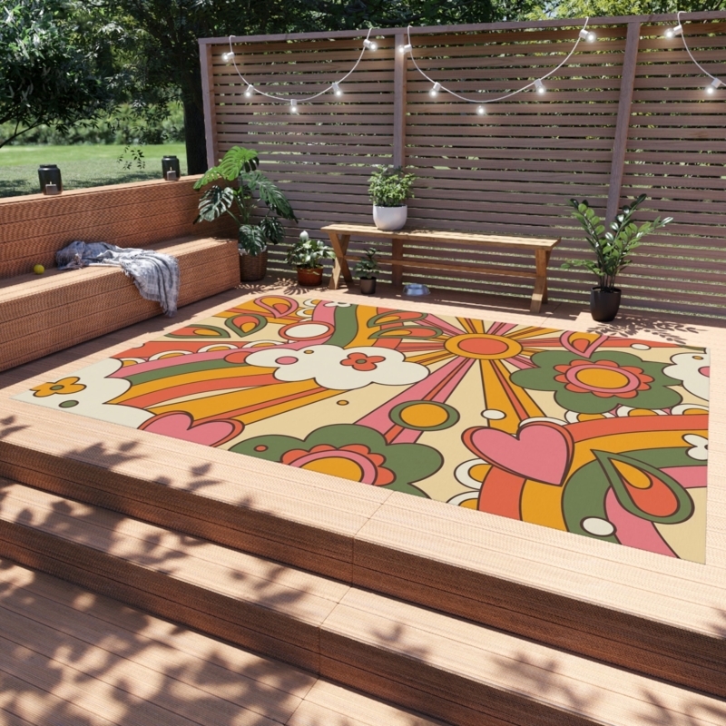 Outdoor Rug Retro 70s Flower Power Floral Flat Weave Terracotta Sage