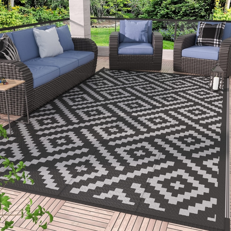 Outdoor Rug Reversible Black Gray Trellis Modern Geometric Patio Rug