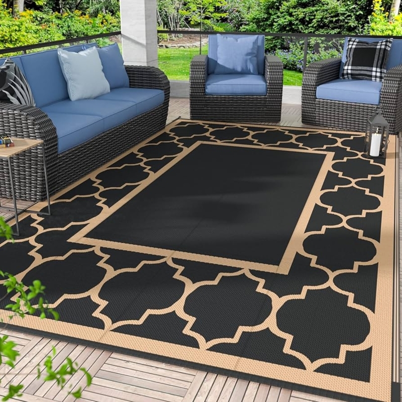 Outdoor Rug Reversible Black Tan Geometric Diamond Woven For RV Campsite
