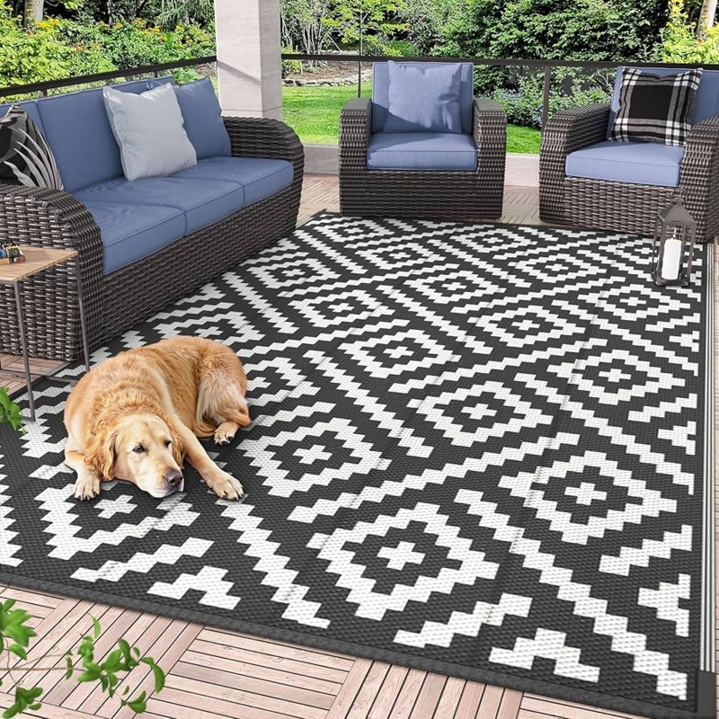 Outdoor Rug Reversible Black White Geometric Patio Mat