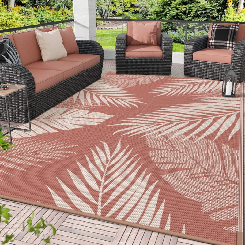 Outdoor Rug Reversible Brick Red Geometric Weather Resistant Woven Plastic