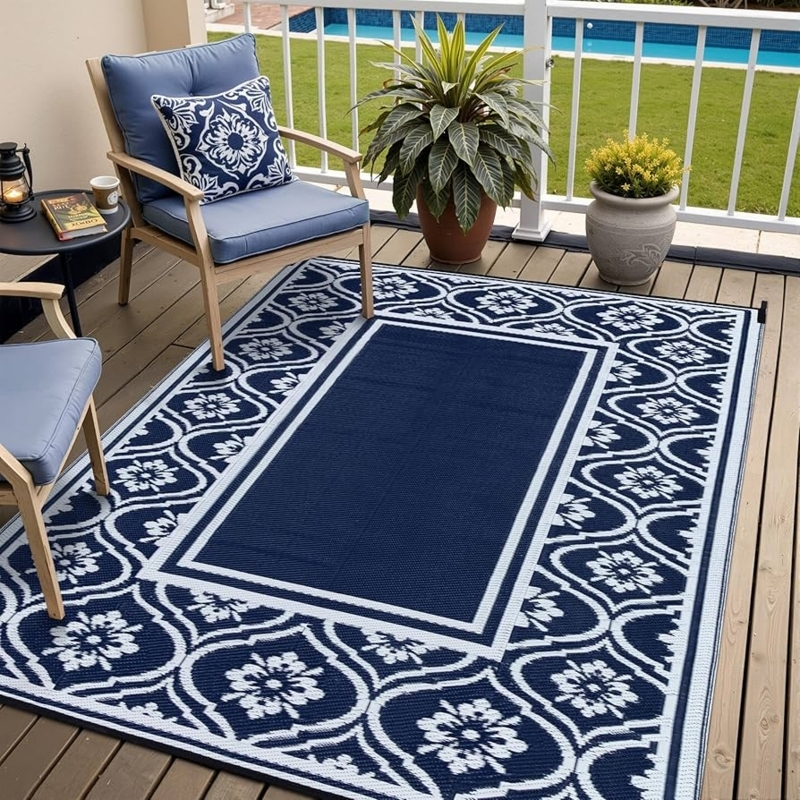 Outdoor Rug Reversible Geometric Clover Blue White Patio Mat