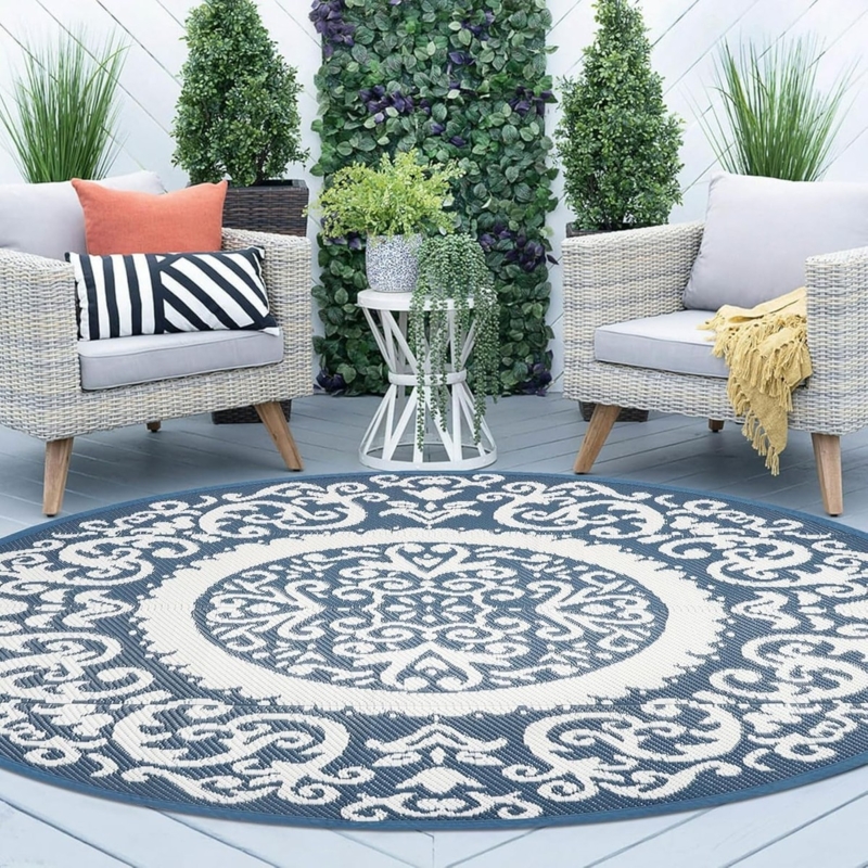 Outdoor Rug Round Blue Reversible Medallion Coastal Deck Seating