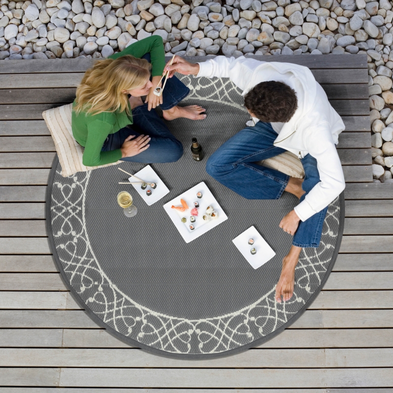 Outdoor Rug Round Navy Medallion Geometric Patio Decor