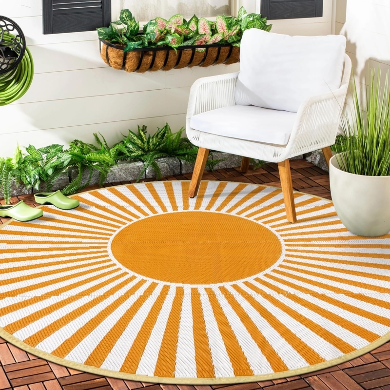 Outdoor Rug Round Orange Geometric Medallion Reversible Patio