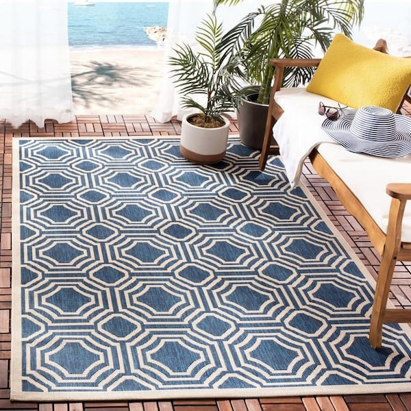 Outdoor Rug Square Blue Beige Floral Scroll Traditional Patio