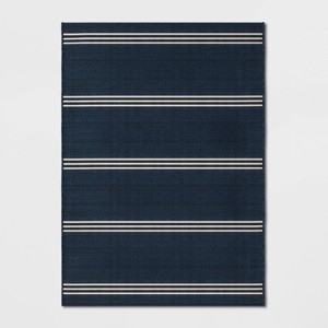 Outdoor Rug Striped Pattern Coastal Modern Low Pile Patio Navy