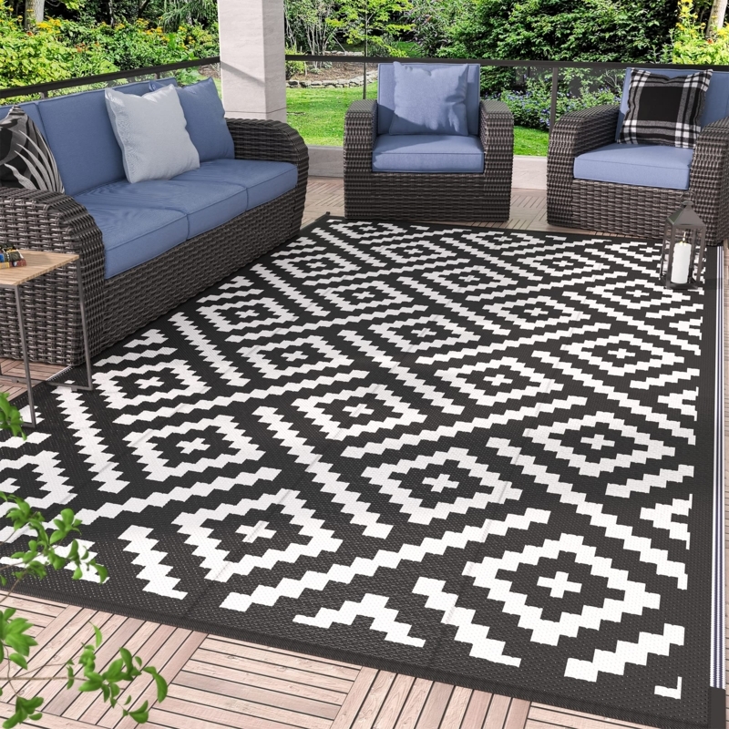 Outdoor Rug Teal Geometric Print Plastic Straw Waterproof Patio