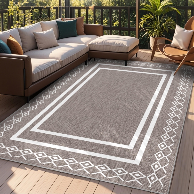 Outdoor Rug Teal Trellis Pattern with Fringed Edges Bohemian Style