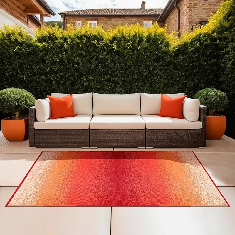 Outdoor Rug: Terracotta Orange, Bohemian Geometric, Washable, Foldable.