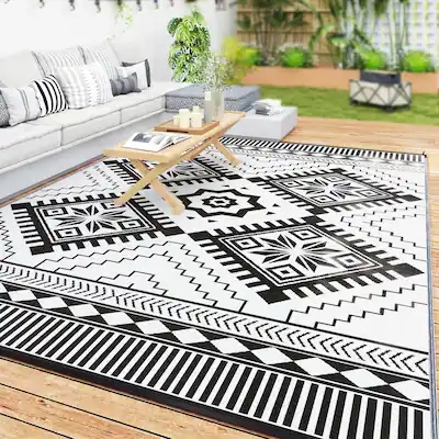 Outdoor Rug Toothed Rhombus Pattern Reversible Boho Patio Waterproof