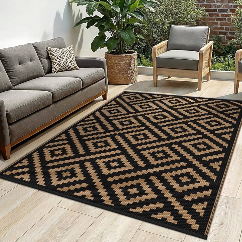 Outdoor Rug Tribal Geometric Black Tan Woven Plastic Mat