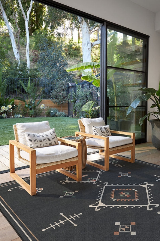 Outdoor Rug Tribal Geometric Pattern Black Ground Multicolor Decor