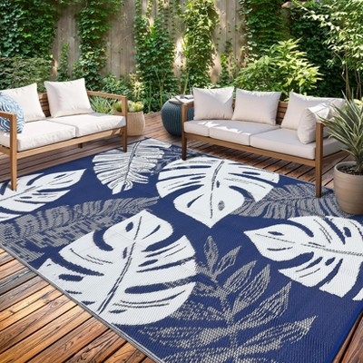 Outdoor Rug, Tropical Leaf Pattern, Navy Blue and White, Oversized Print