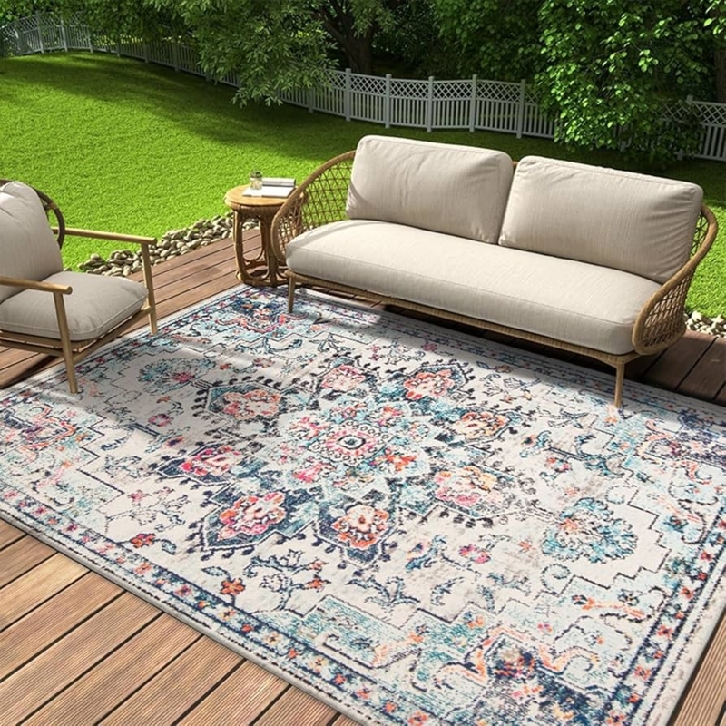 Outdoor Rug: Tropical Leaf Pattern, Stain Resistant, Recycled, Green.