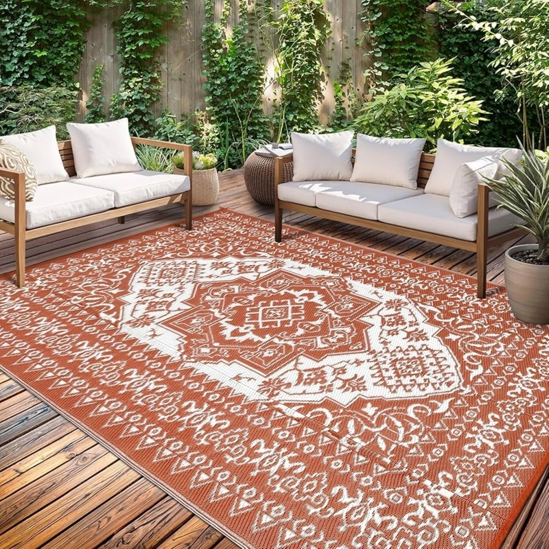 Outdoor Rug: Tropical Leaf Pattern, Terracotta Palette, Reversible