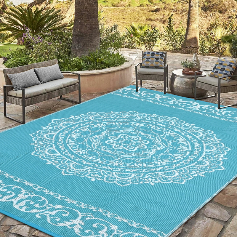 Outdoor Rug: Ultra-Thin Profile, Vintage Pattern, Washable, Burgundy.