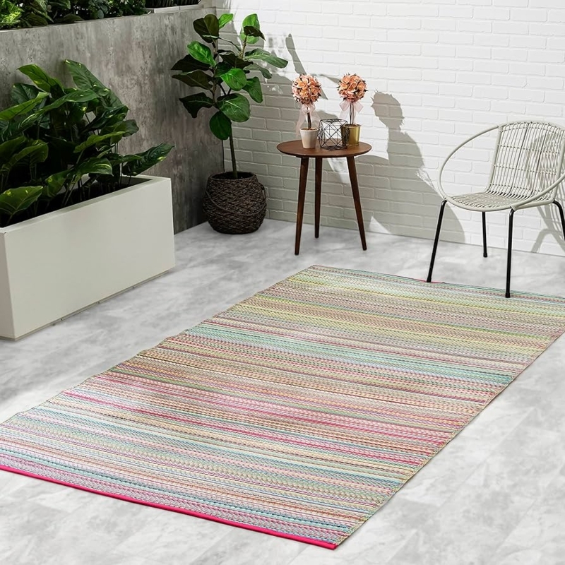 Outdoor Rug Vibrant Multi-Color Striped Recycled Plastic Coastal Deck