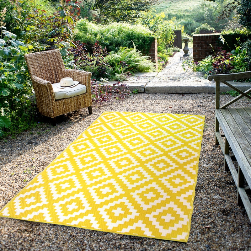 Outdoor Rug Vibrant Yellow White Striped Woven Waterproof Coastal Patio