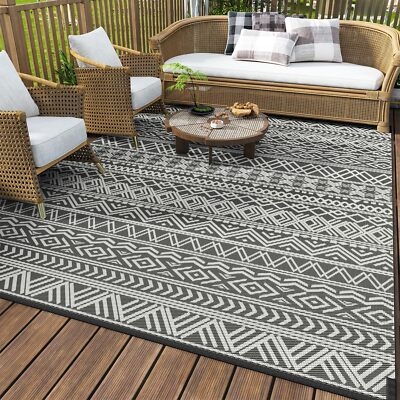 Outdoor Rug Waterproof Reversible Navy Lattice Woven For Coastal Patio