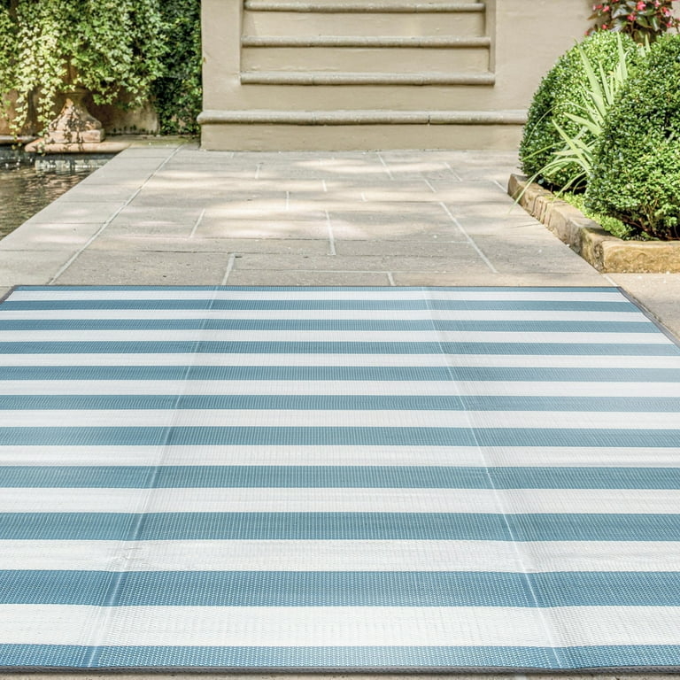 Outdoor Rug Weather Resistant Bold Teal Stripes Woven For Coastal Patio