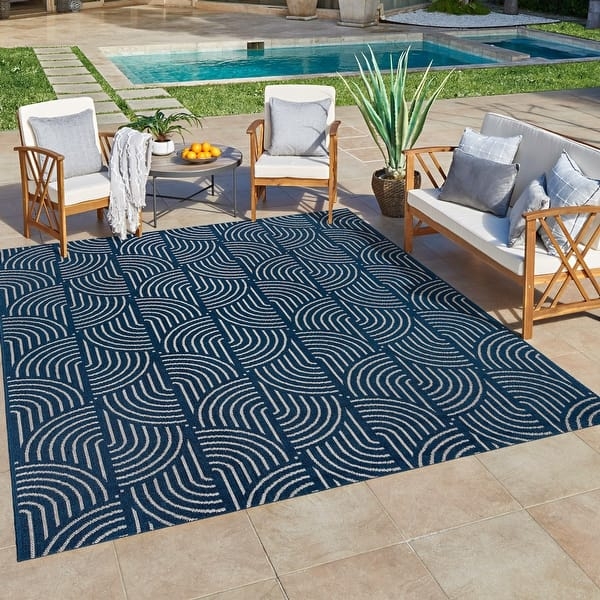 Outdoor Rug with High Relief Navy Trellis Pattern for Patio