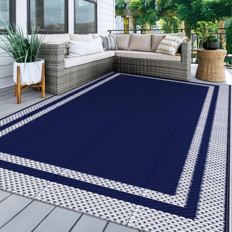 Outdoor Rug: Woven Texture, Trellis Pattern, Blue and White, Poolside