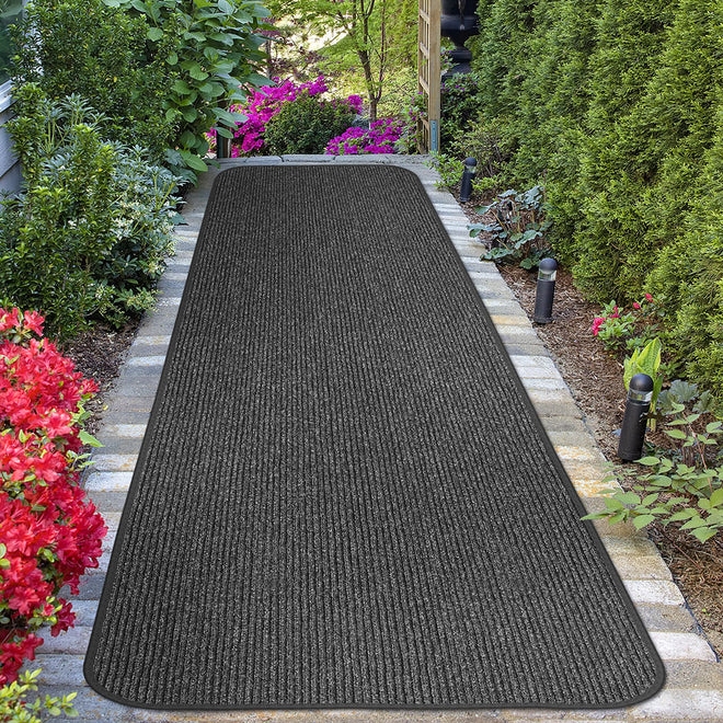 Outdoor Runner: Charcoal Black Ribbed Texture Low Pile for Patio