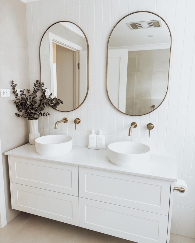 Oval Mirrors For Bathroom Vanity, Brushed Brass Vertical Stacked Tile