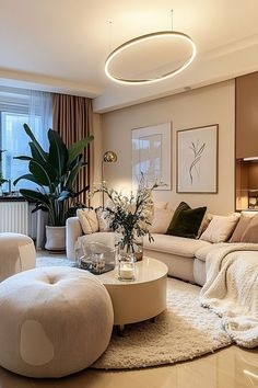 Oval Ring Pendant Light with Oversized Ottoman in Modern Lounge