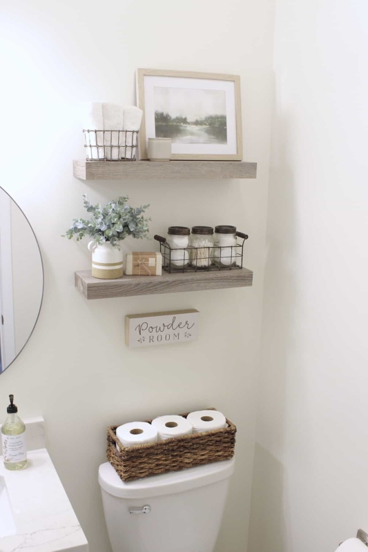 Over the Toilet Shelving Ideas: Floating Mount, Woven Decor
