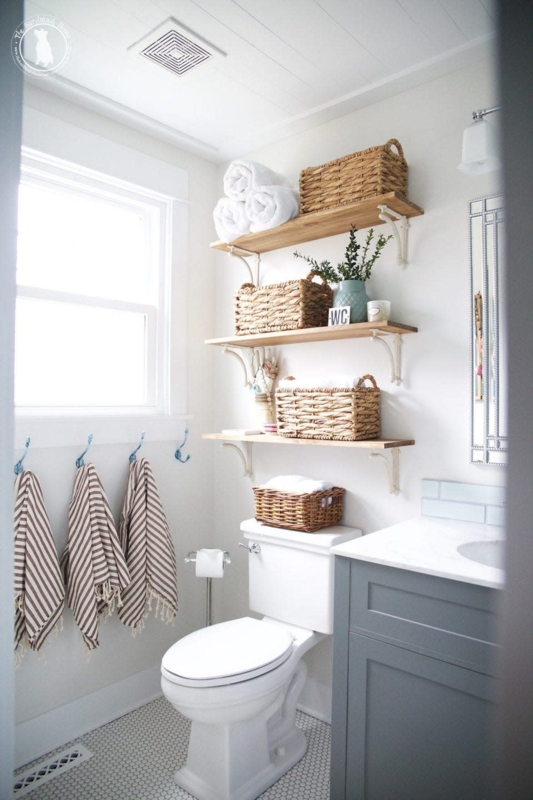 Over-Toilet Bathroom Storage: Wood Shelves, Wicker Baskets, Penny Tile