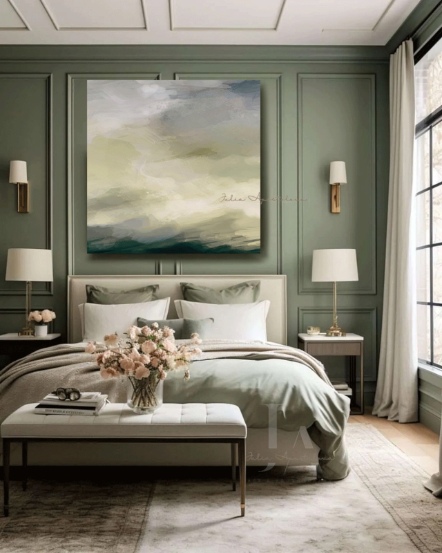 Oversized Abstract Wall Art over Bed with Tufted Bench