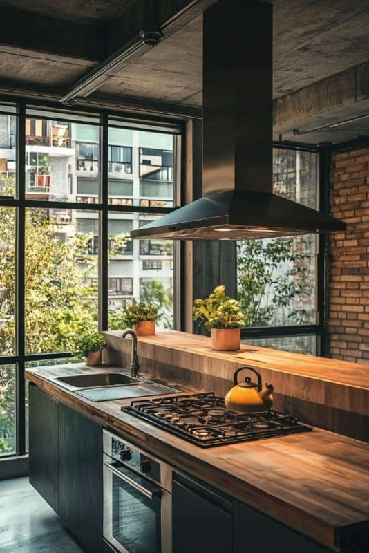 Oversized Black Range Hood Ideas: Butcher Block Island, Grid Windows