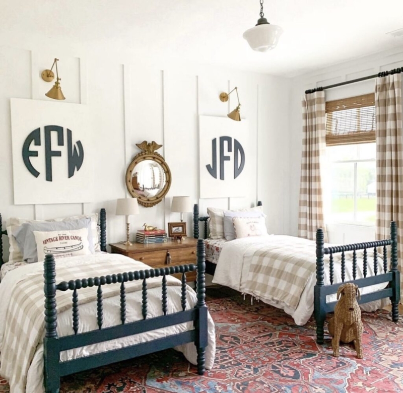 Oversized Monogram Wall Decor on Board and Batten in Shared Bedroom