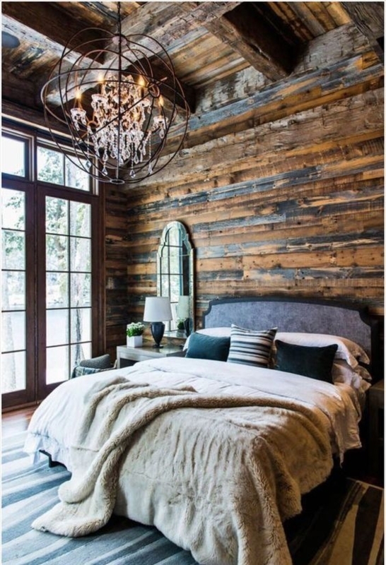 Oversized Orb Chandelier Lighting Ideas In Rustic Reclaimed Wood Bedroom